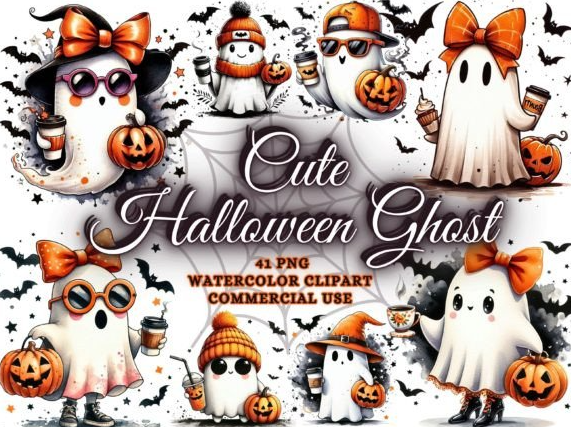 Cute Halloween Clipart Ghost Png Bundle