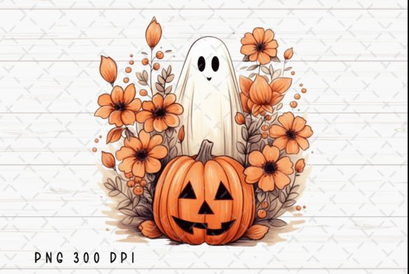 Ghost Pumpkin Floral Fall Halloween PNG