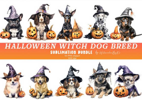 Halloween Dog Breed with Witch Hat SVG