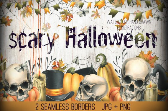 Halloween Skulls Watercolor Borders