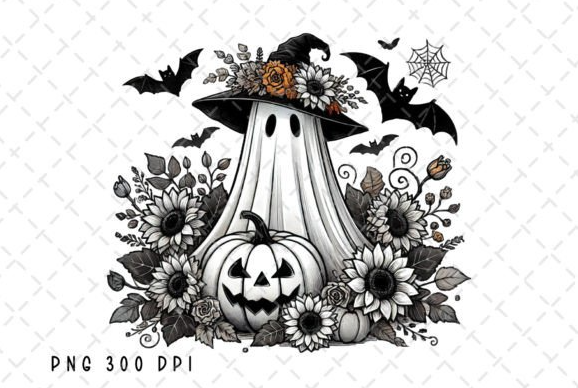 Spooky Ghost Halloween Pumpkins Floral PNG