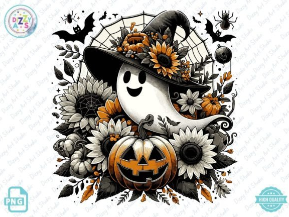 Spooky Ghost Halloween Pumpkins Floral