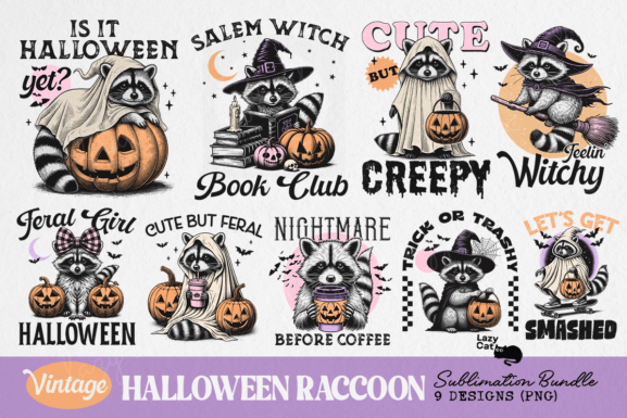 Vintage Halloween Raccoon PNG Bundle